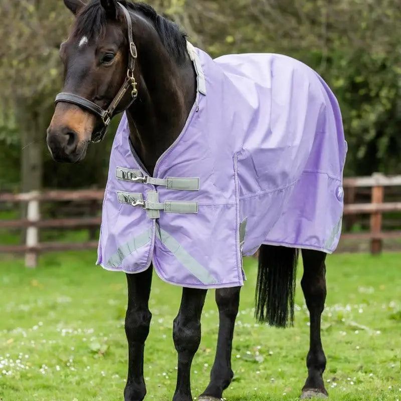 Lavender swish 200g detachable neck turnout rug with reflective strips, adjustable straps, and neck cover detail