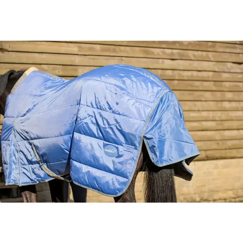 Blue quilted stable rug with medium weight detachable neck cover in cornflower blue and gray trim with subtle sheen
