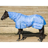 Blue quilted cornflower stable rug with gray straps and reflective logo featuring a medium weight detachable neck cover