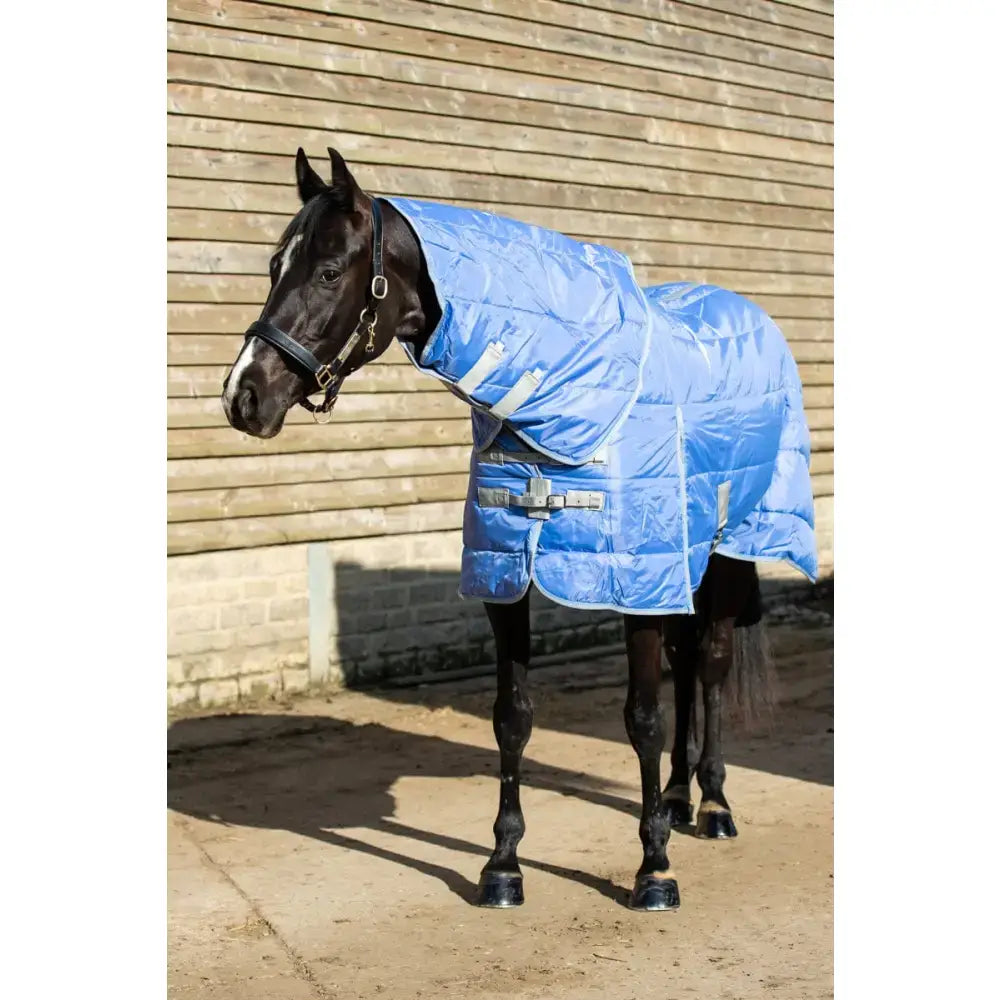 Blue quilted swish 200g stable rug with medium weight detachable neck cover and reflective strips in cornflower