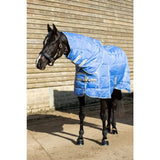 Blue quilted swish 200g stable rug with medium weight detachable neck cover and reflective strips in cornflower