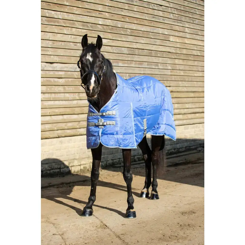 Blue quilted medium weight stable rug with silver buckles and detachable neck cover in cornflower color