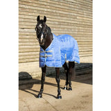Blue quilted medium weight stable rug with silver buckles and detachable neck cover in cornflower color