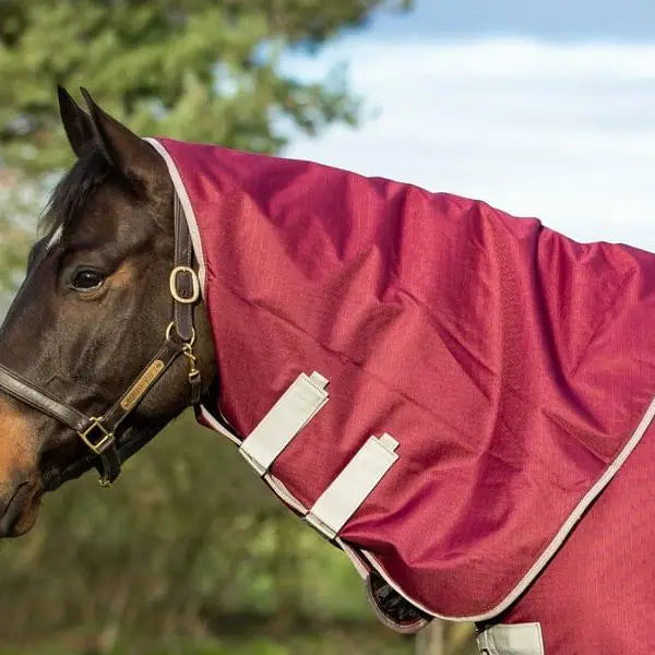 A maroon swish 200g turnout rug neck cover burgundy with white trim and 1200d ripstop fabric and adjustable straps