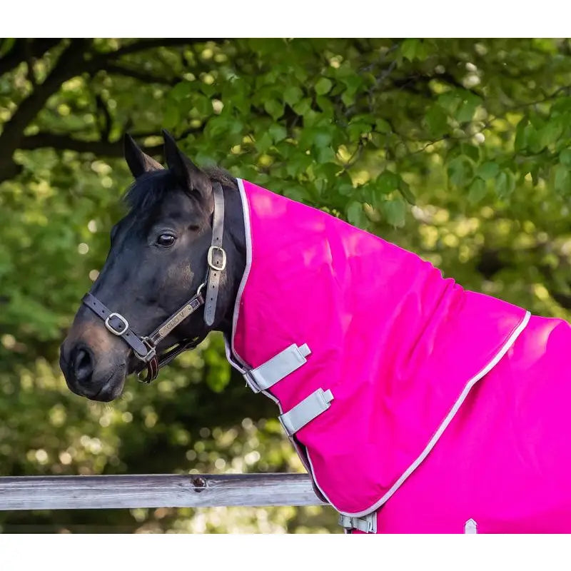 Vibrant pink swish 200g turnout rug neck cover with white trim silver buckles made from 1200d ripstop material