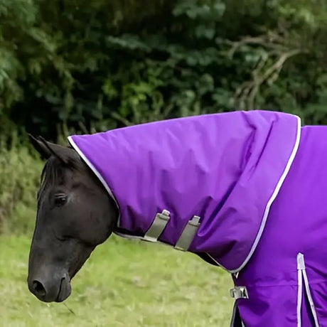 Purple swish turnout 200g rug neck cover with white trim and silver buckles for turnout rug neck protection