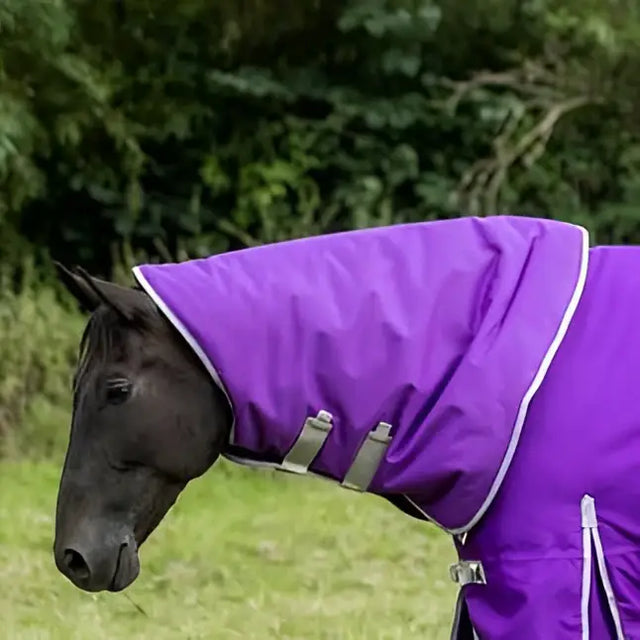 Purple swish turnout 200g rug neck cover with white trim and silver buckles for turnout rug neck protection