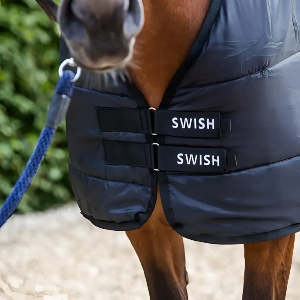 Dark blue 300g horse rug liner with black straps and white swish branding ideal for stable rugs and rug liners