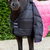 Pink and black quilted 300g horse rug liner with swish branding on straps perfect for stable rugs and rug liners