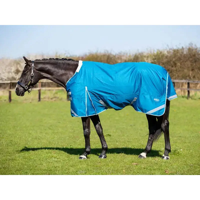 Bright blue 300g turnout rug with detachable neck turquoise and reflective strips for equestrian use