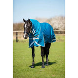 Bright blue 300g turnout rug with detachable neck turquoise and reflective strips for safety and comfort