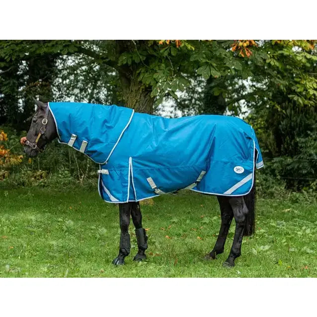 Bright blue 300g turnout rug with detachable neck turquoise featuring white trim and reflective strips waterproof material