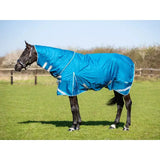 Bright blue waterproof 300g turnout rug in turquoise with detachable neck and reflective strips for safety outdoors