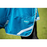 Bright blue swish 300g turnout rug with detachable neck turquoise trim and reflective strips for safety