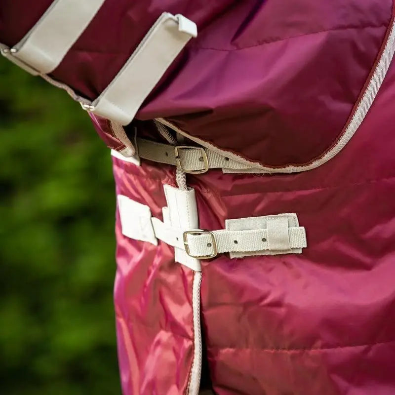 Maroon swish 360g heavy weight stable rug with detachable neck featuring quilted design white straps and metal buckles