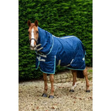 Blue quilted 450g heavy weight detachable neck stable rug with light blue trim and reflective silver buckles
