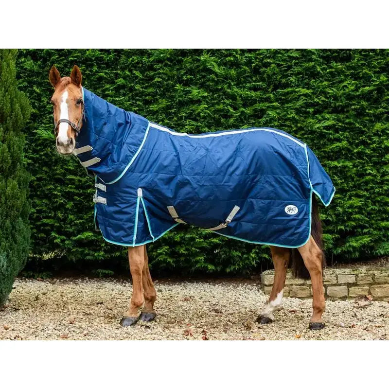 Navy swish 450g heavy weight stable rug with detachable neck in blue quilted material and reflective silver straps