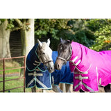 Vibrant pink and navy blue swish 450g ultimate fixed neck turnout rug with reflective stripes and silver buckles mulberry