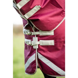 Maroon swish 450g ultimate heavyweight turnout rug with reflective strips safety and beige straps with metal buckles