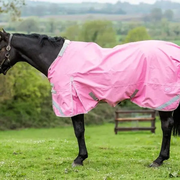 Swish 50g detachable neck turnout rug in baby pink with safety reflective strips and gray buckles for waterproof use