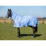 Light blue waterproof turnout rug cornflower with 1200d outer, reflective strips, adjustable straps, and detachable neck turnout