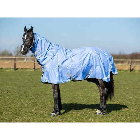 Light blue waterproof turnout rug cornflower with 1200d outer, reflective strips, adjustable straps, and detachable neck turnout