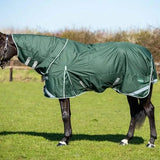 Dark green swish 50g detachable neck turnout rug with reflective stripes and tail flap fits snug on horse body