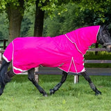 Bright pink detachable neck turnout rug with white trim reflective stripes and neck cover included for horses