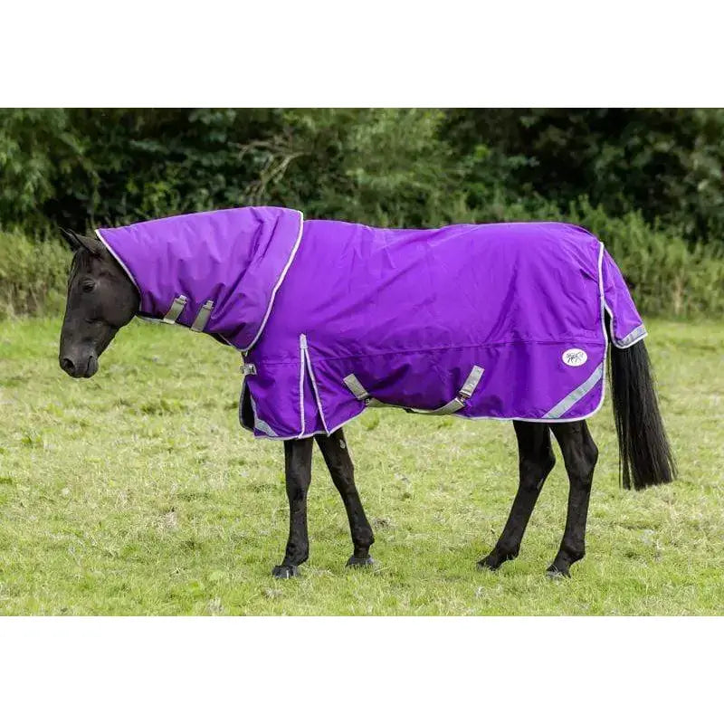 Vibrant purple turnout rug with detachable neck, silver reflective strips, and adjustable straps for horses