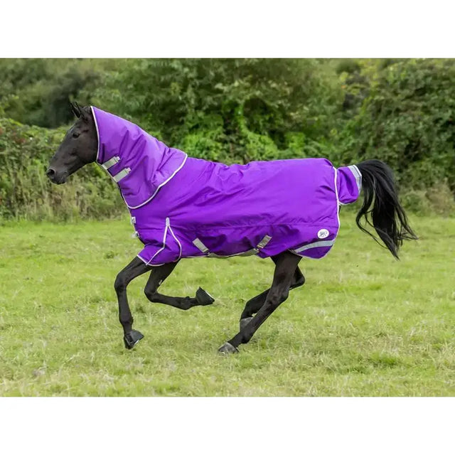 Vibrant purple turnout rug with detachable neck and reflective strips for safety in low light conditions