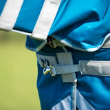 Blue and white striped 1200d outer swish 50g detachable neck turnout rug with reflective strips and adjustable gray straps