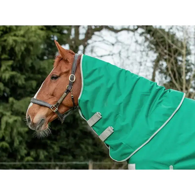 A vibrant green turnout rug neck cover with white trim and adjustable gray straps for swish 50g green protection