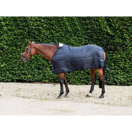 Black quilted swish 50g horse rug liner showing the back with white tag and storage bag option visible
