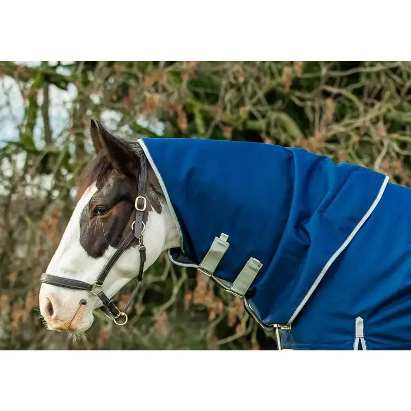 Blue swish 50g navy turnout neck cover with white trim and silver buckles made from durable 1200d ripstop