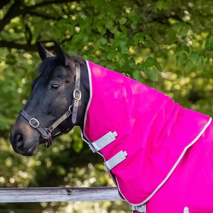 Bright pink swish turnout rug neck cover with white trim and silver buckles perfect as a pink turnout rug