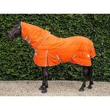 Bright orange swish 50g stable rug with detachable neck, gray reflective straps, white trim, and lightweight quilted design