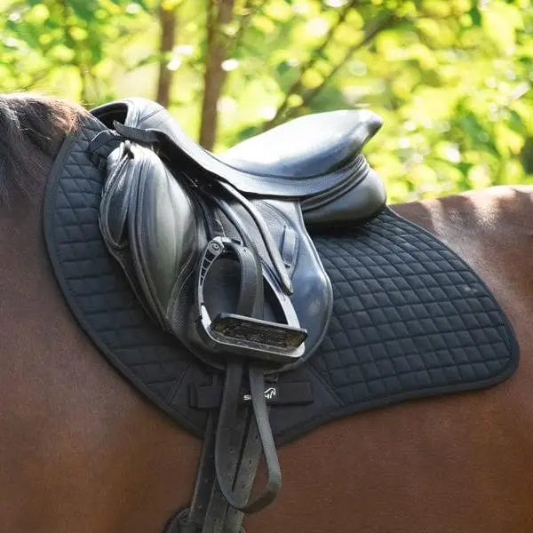 Black leather contact gp saddle with quilted saddle pad black and metal stirrups resting on horse back with high wither design