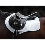 Black leather dressage close contact gp saddle with silver stirrup iron on white quilted saddle pad orange for high wither