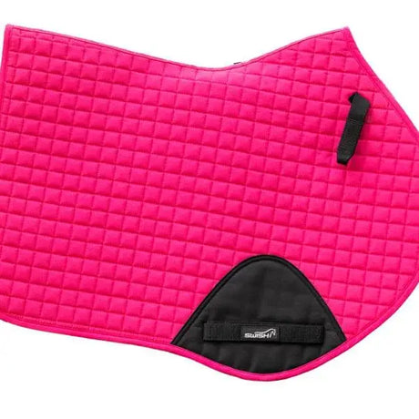 Bright pink swish close contact gp saddle pad with black trim branded strap high wither design and wicking properties