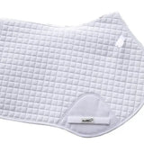 White quilted swish close contact gp saddle pad with subtle diamond pattern and branded label with wicking properties