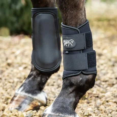Black spiesh Swish double locking brushing boots with padded strike pad breathable neoprene adjustable velcro straps