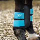Bright turquoise and black swish double locking brushing boots with padded strike pad and breathable neoprene material