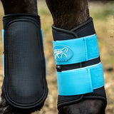 Turquoise and black swish double locking brushing boots with padded strike pad and breathable neoprene material