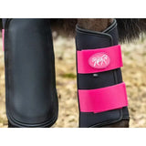 Black and bright pink swish double locking brushing boots with adjustable straps padded strike pad and breathable neoprene