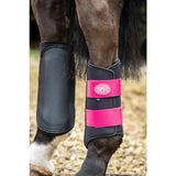 Swish double locking brushing boots in black and bright pink with padded strike pad and breathable neoprene material