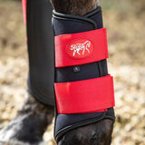 Black and red swish double locking brushing boots with padded strike pad and breathable neoprene elastic straps