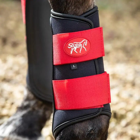 Black and red swish double locking brushing boots with padded strike pad and breathable neoprene elastic straps