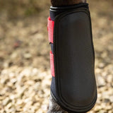 Black swish double locking brushing boots with red velcro straps padded strike pad and breathable neoprene material