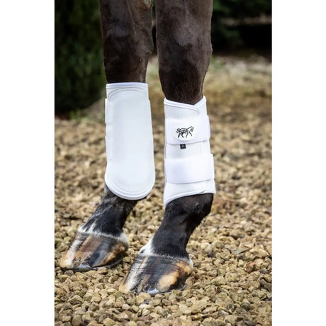 White swish double locking brushing boots with breathable neoprene, padded strike pad, and adjustable double locking straps