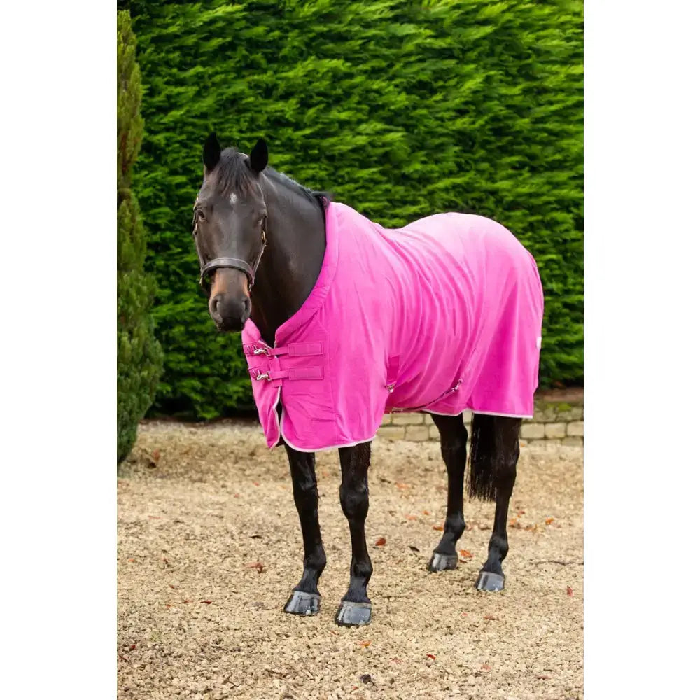 Bright pink luxury fleece rug mulberry with white trim and silver buckles featuring cross surcingles for horses